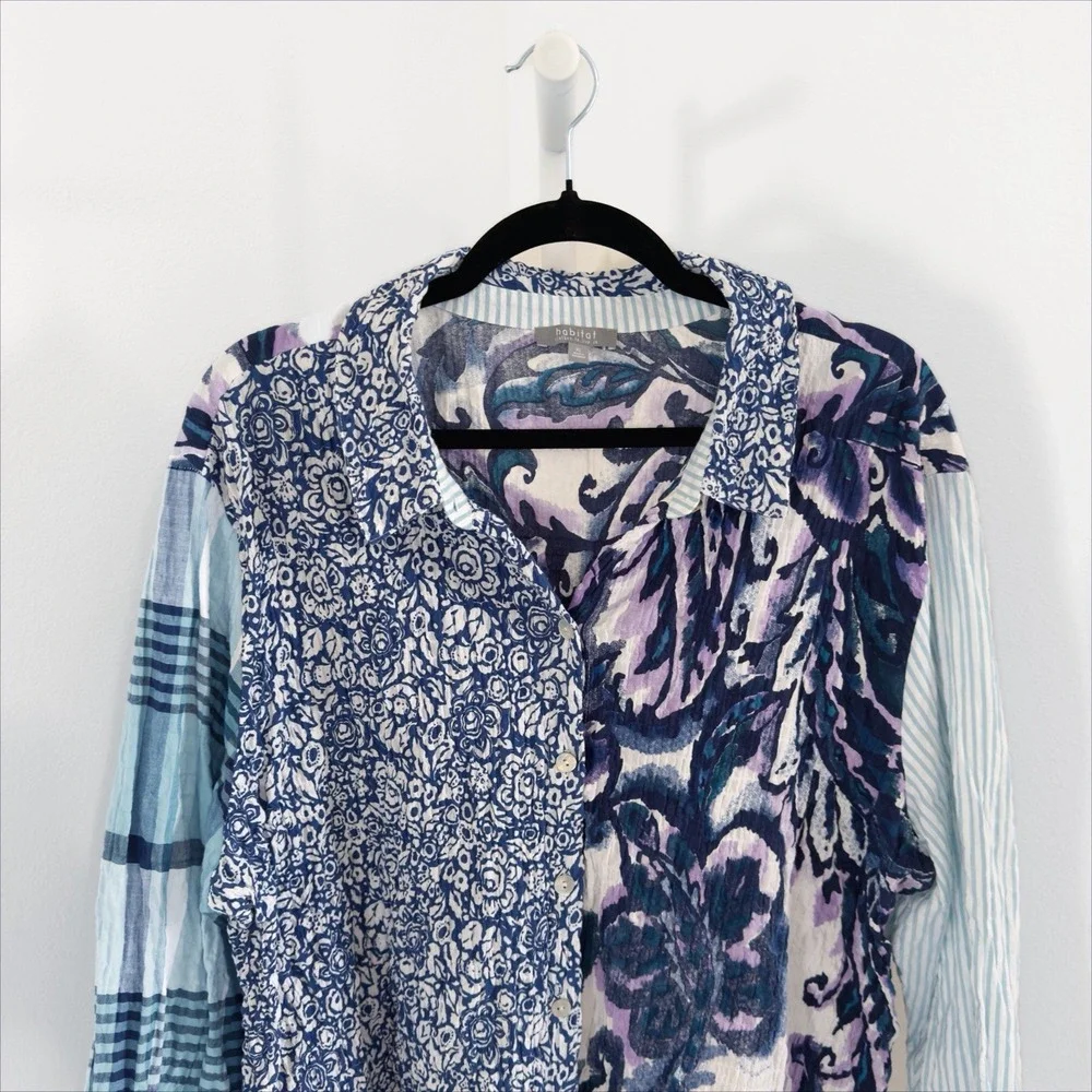 Habitat Top Womens XL Blue Floral Button Up Gauzy Crinkle Cotton Boho Coastal